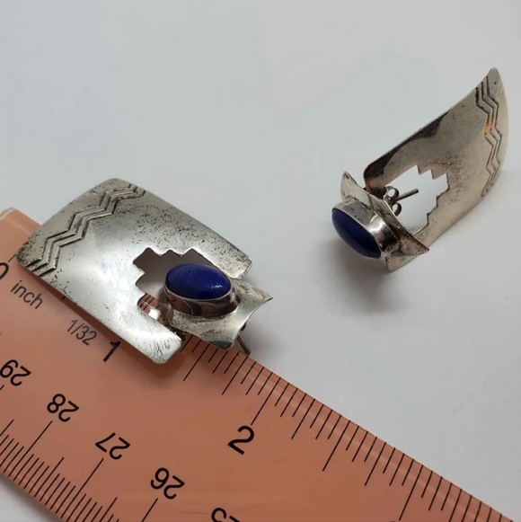 Vintage Navajo Mark Jimenez Sterling Silver Lapis Lazuli Earrings - Picture 4 of 9